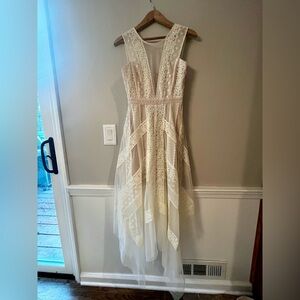 BCBGMaxAzria Ivory Blush Lace Overlay Maxi Dress